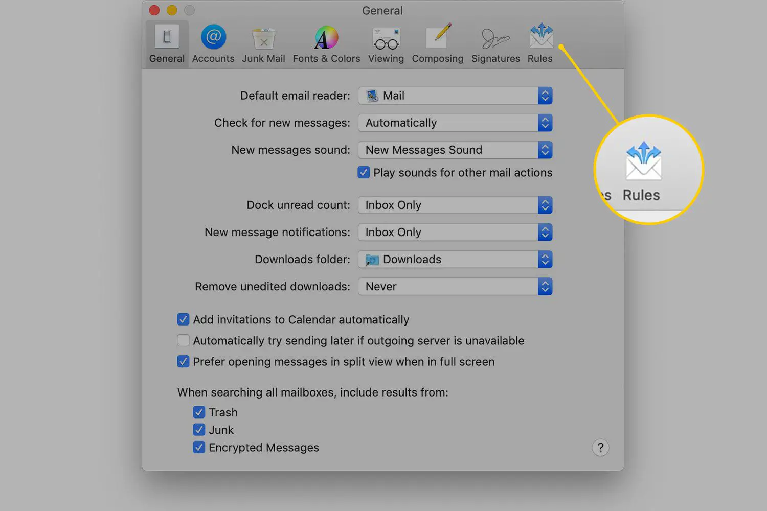 Botão de regras nas preferências do macOS Mail