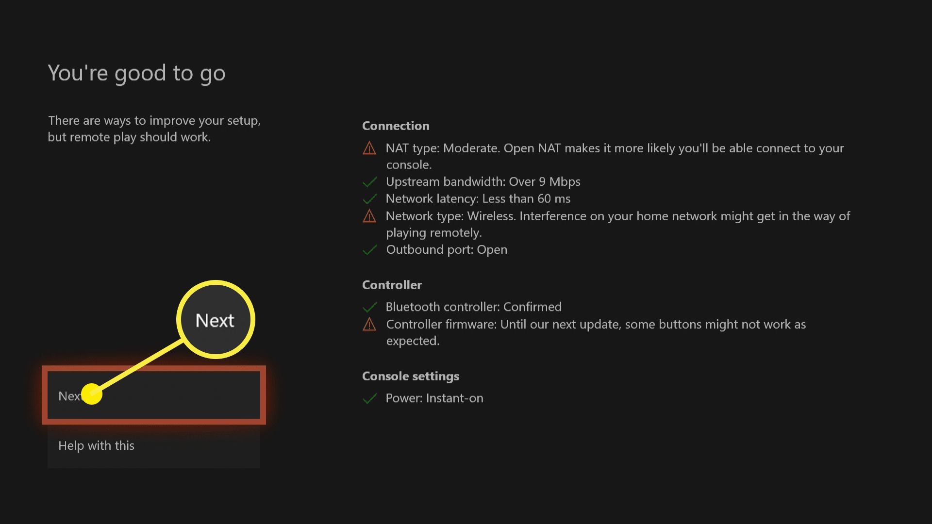 Uma captura de tela de um Xbox One mostrando que ele está pronto para reprodução remota.