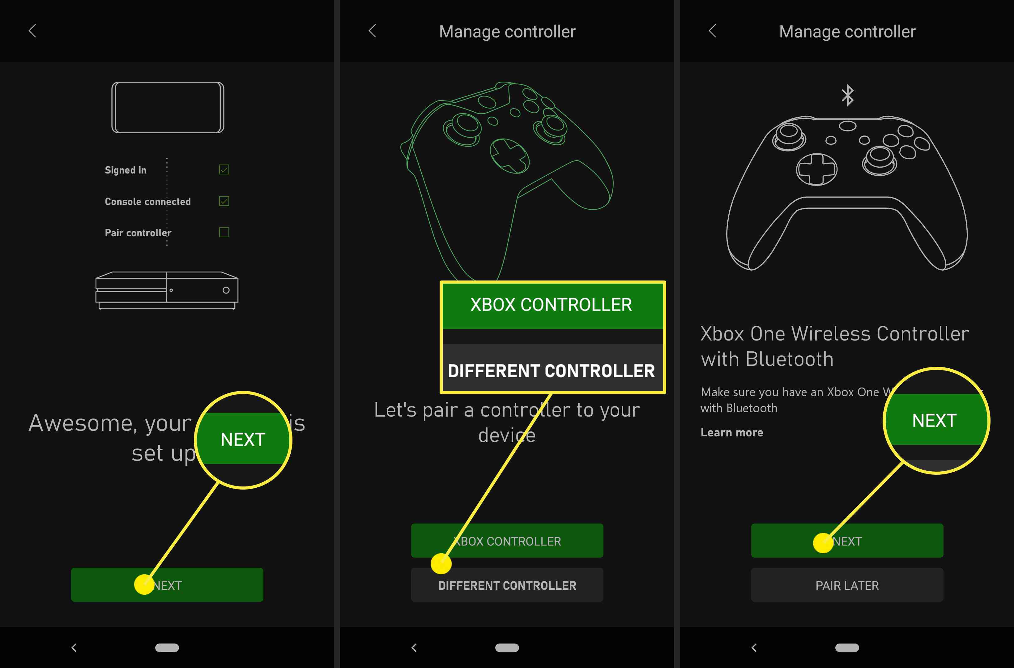 Capturas de tela mostrando como emparelhar um controlador do Xbox com o aplicativo do telefone Xbox.