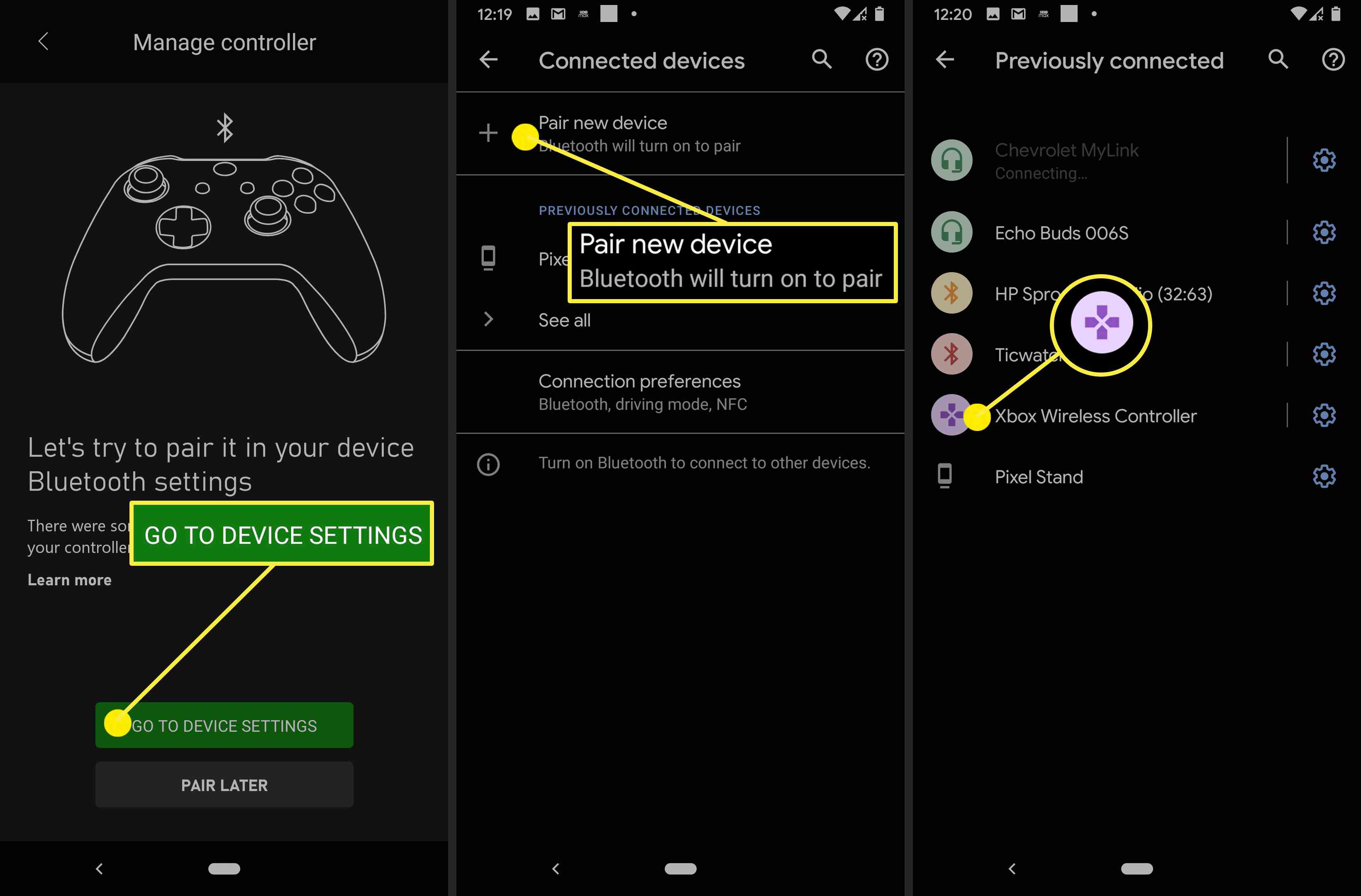 Opções de emparelhamento de dispositivos no aplicativo Xbox.