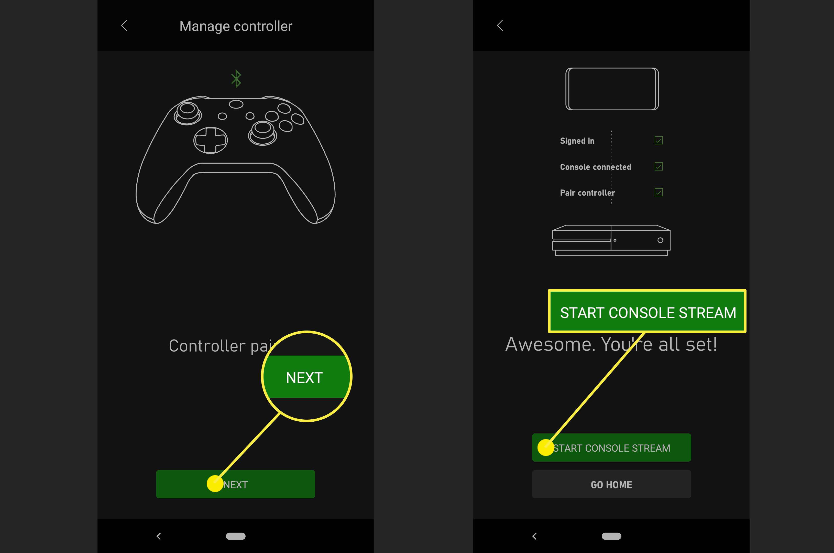 A opção Iniciar transmissão do console no aplicativo Xbox.
