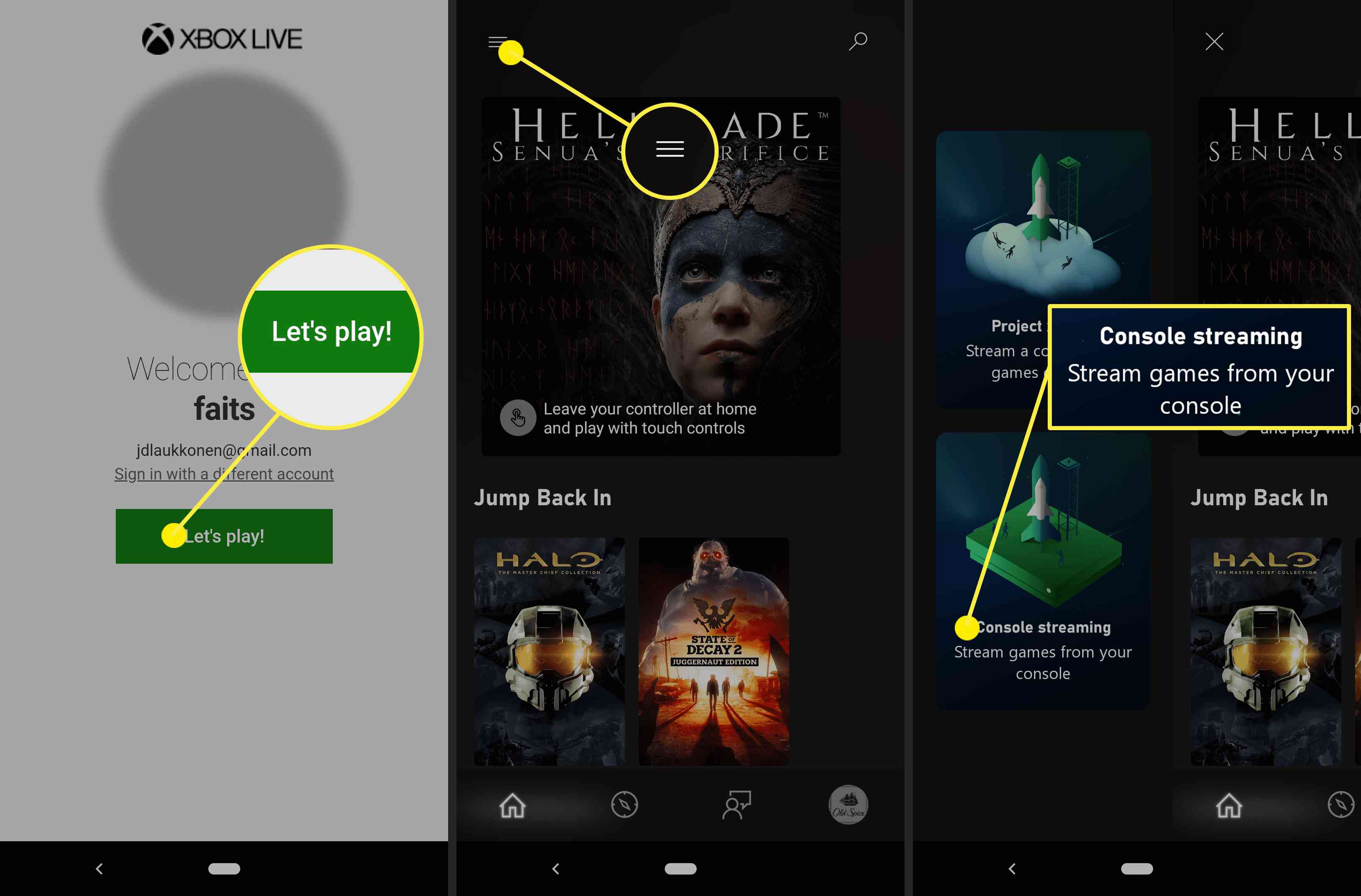 Capturas de tela mostrando como acessar a opção Console Streaming no aplicativo Xbox.
