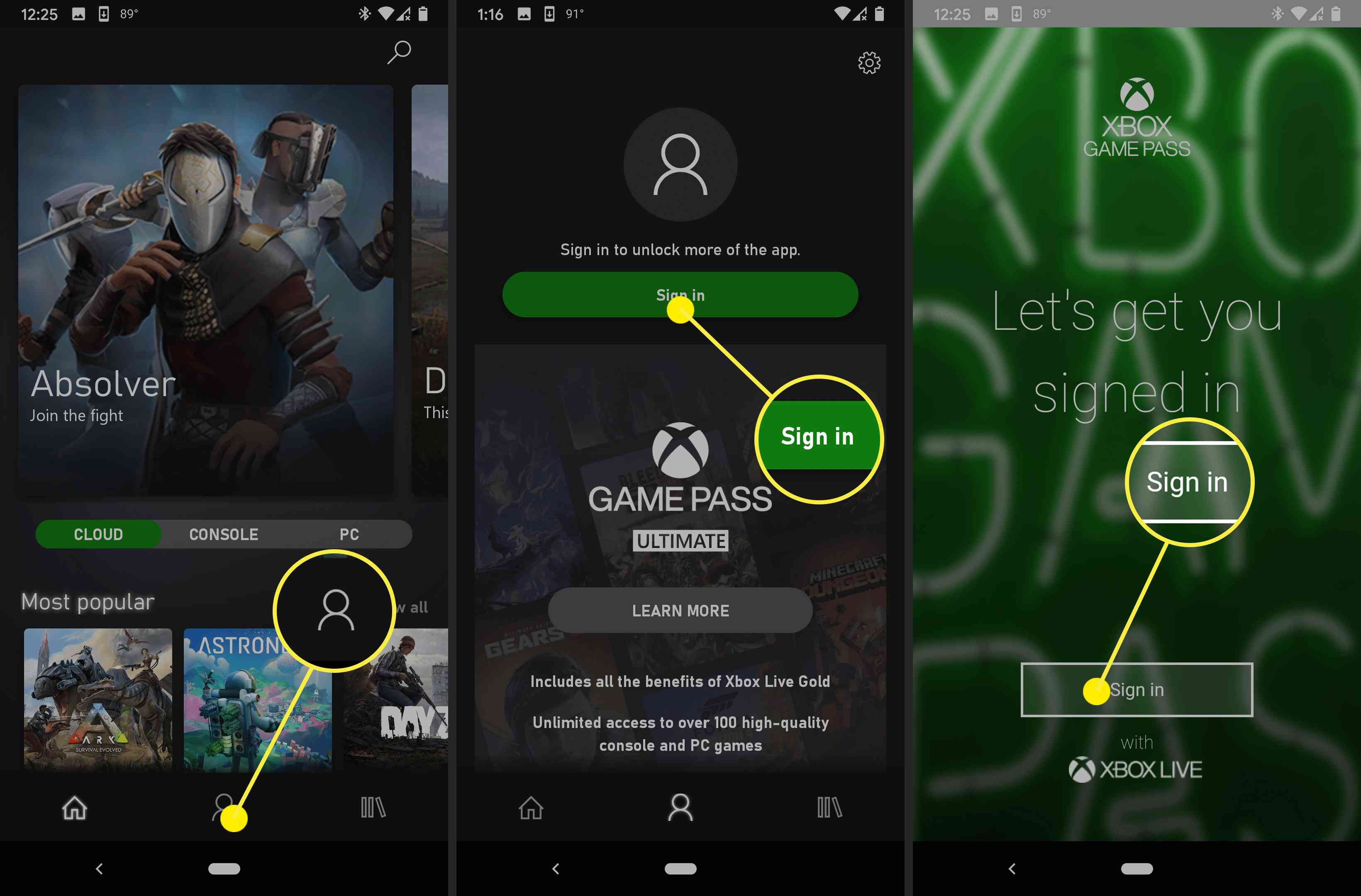 Capturas de tela de login para transmitir com Xbox Gamepass