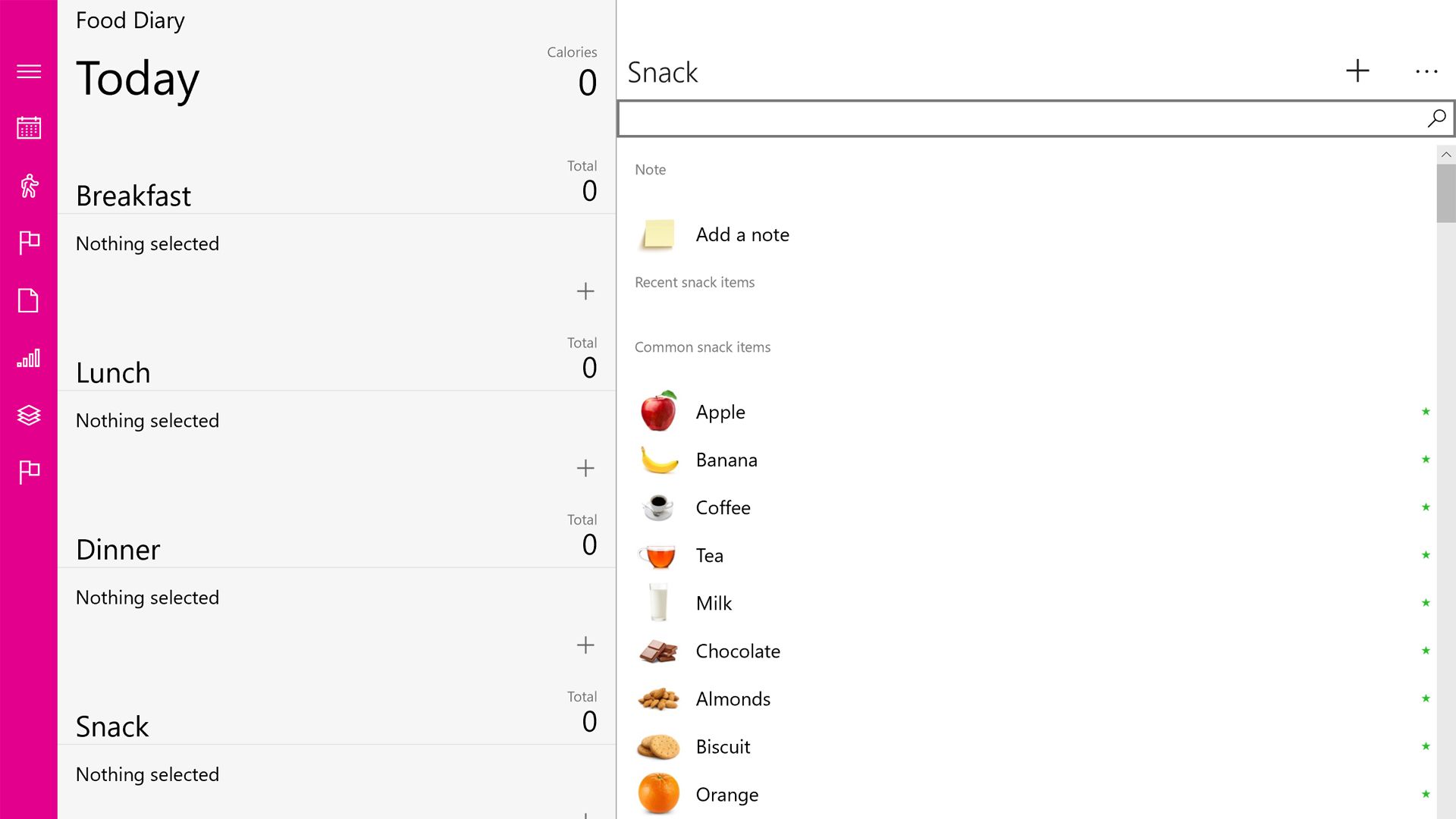 Aplicativo de contagem de calorias Diário Alimentar no Windows 10
