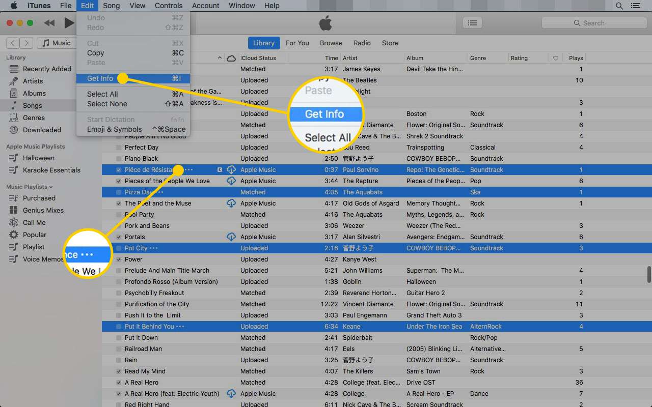 iTunes em um Mac com a opção Obter Informações no menu Editar destacada