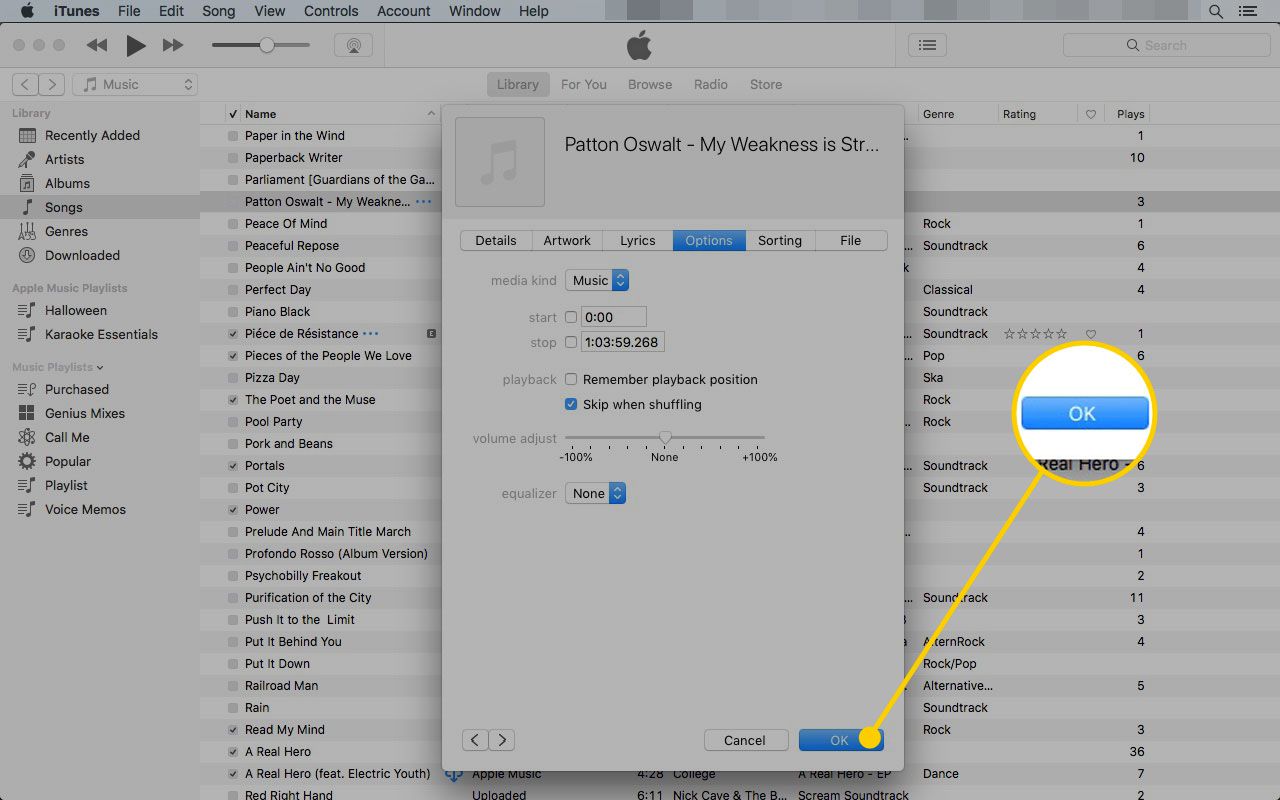 Guia Opções do menu Informações da música no iTunes com o botão OK destacado