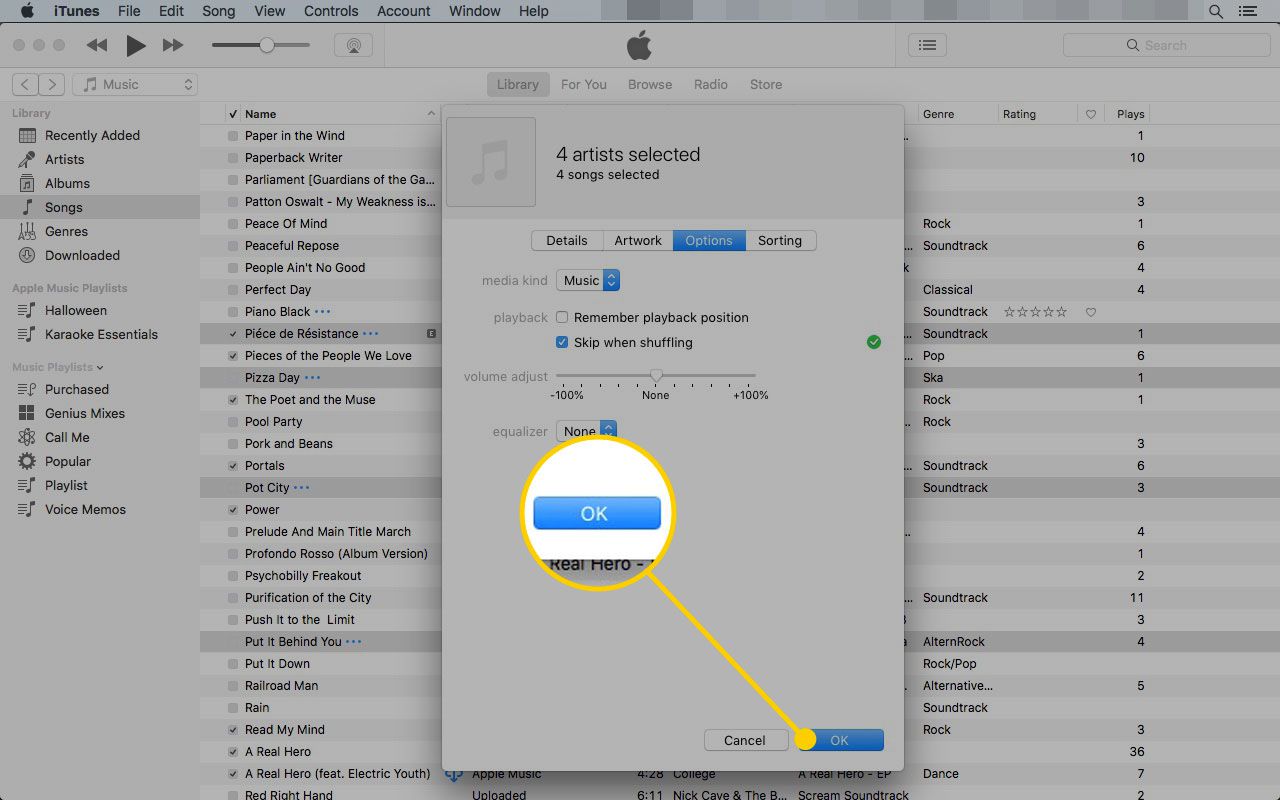 Guia Opções na caixa Obter informações do iTunes com o botão OK destacado