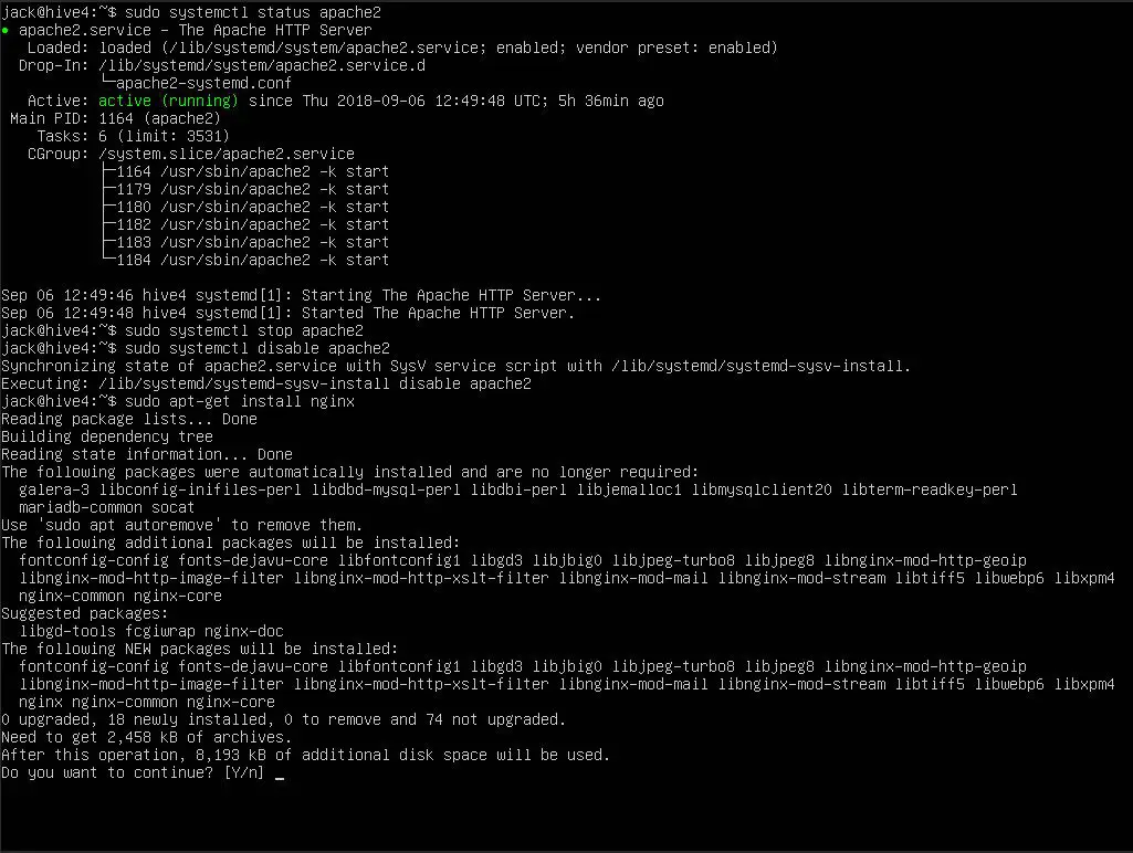 Uma captura de tela dos comandos durante a instalação do servidor da web NGINX.