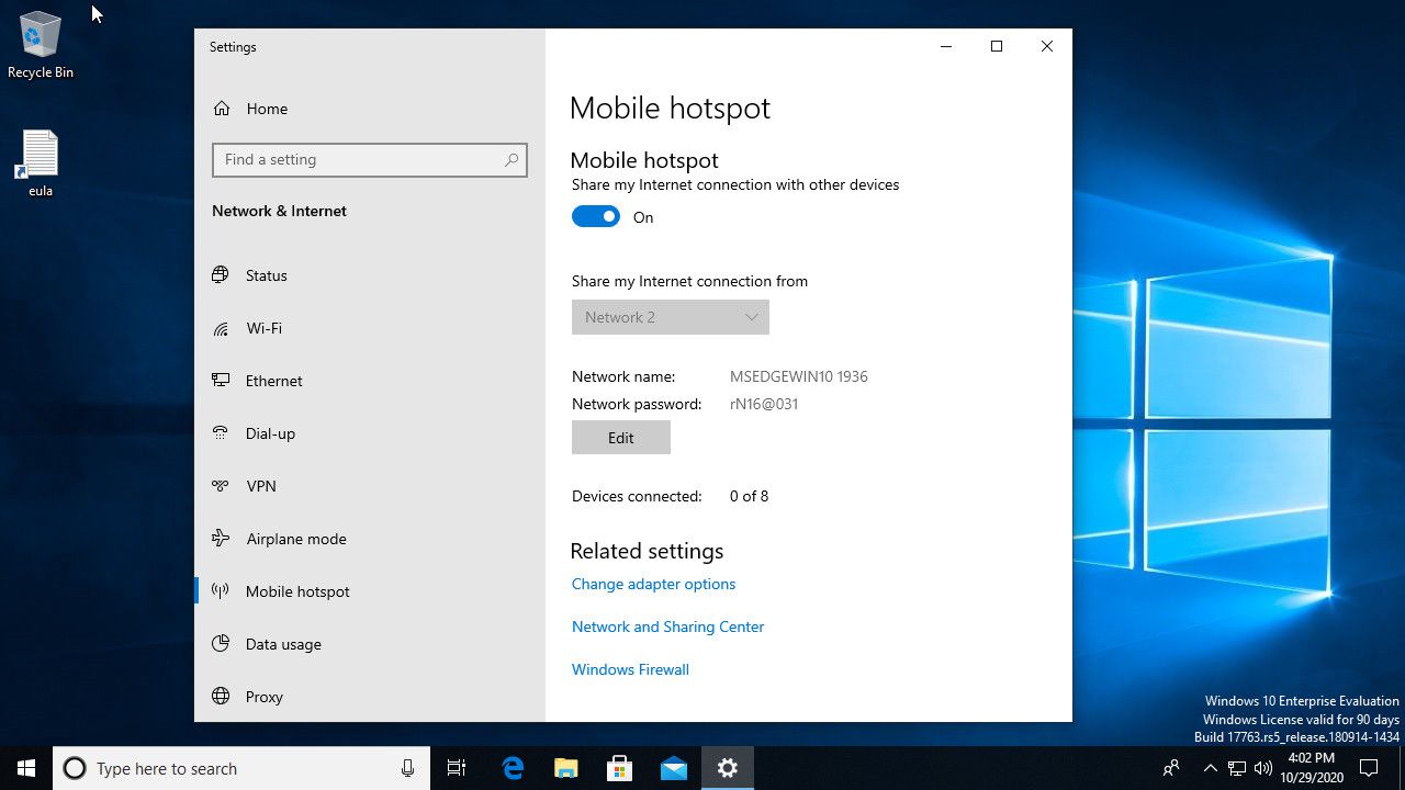 Hotspot móvel do Windows 10 habilitado