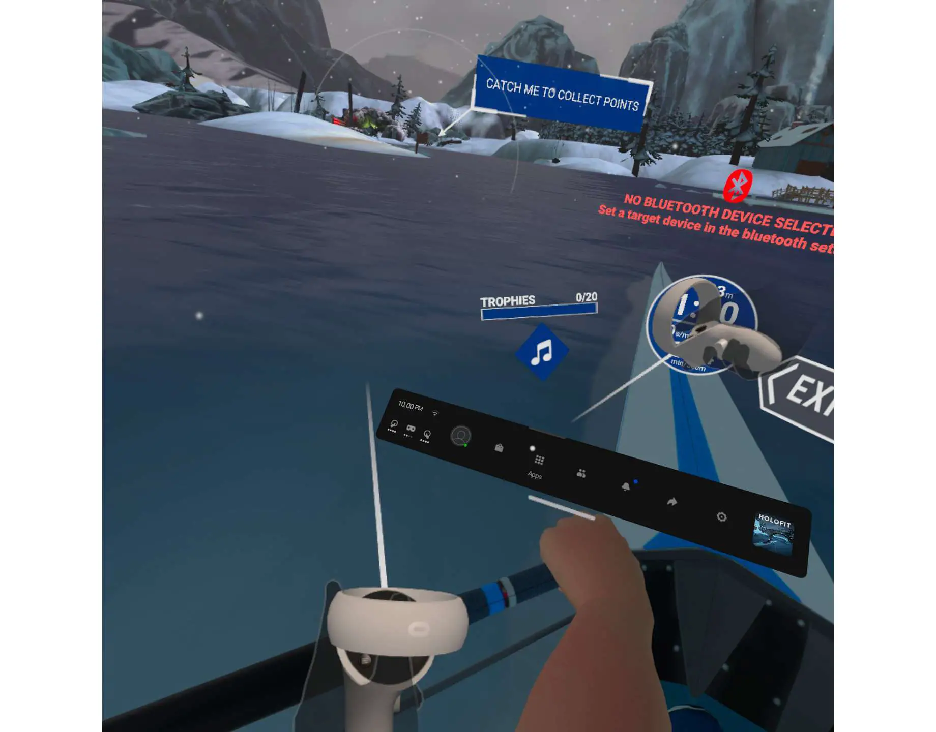 Uma captura de tela da visualização VR no jogo HoloFit.