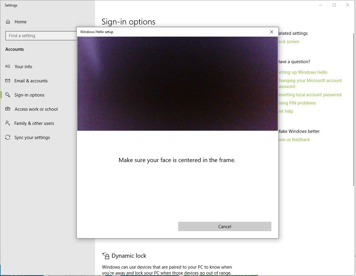 Captura de tela da configuração do Windows Hello Face
