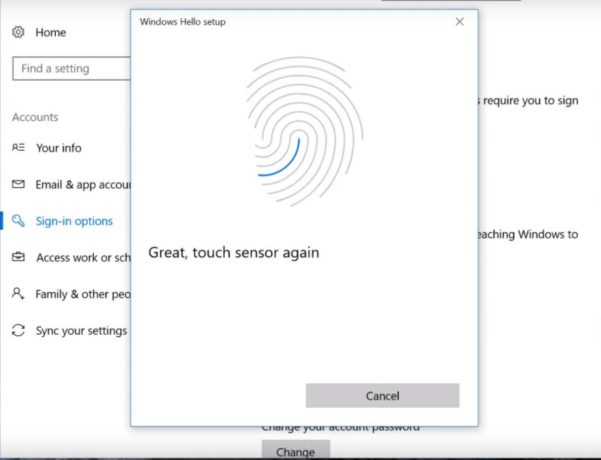 Captura de tela da configuração do Hello Fingerprint