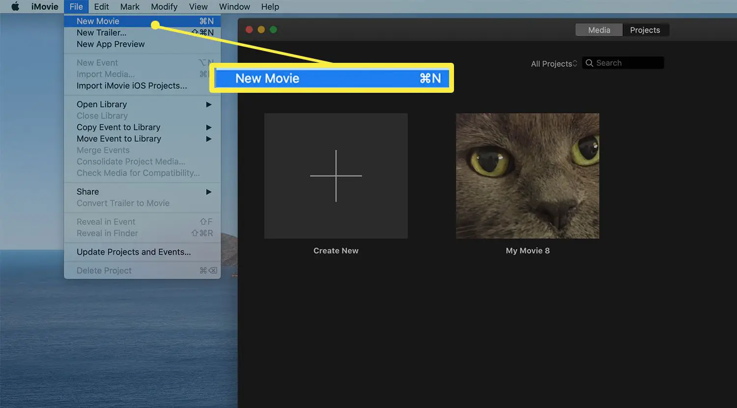 Nova opção de filme no iMovie no Mac