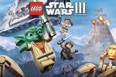 Imagem promocional de Lego Star Wars 3 com Lego Yoda, Obi Wan, C3-PO e Anakin Skywalker