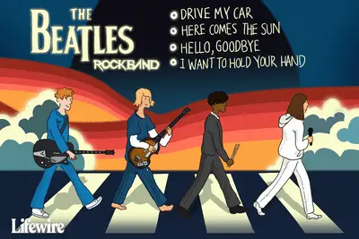 Grupo de músicos do Rockband caminhando pela faixa de pedestres da Abbey Road com uma lista de 4 faixas