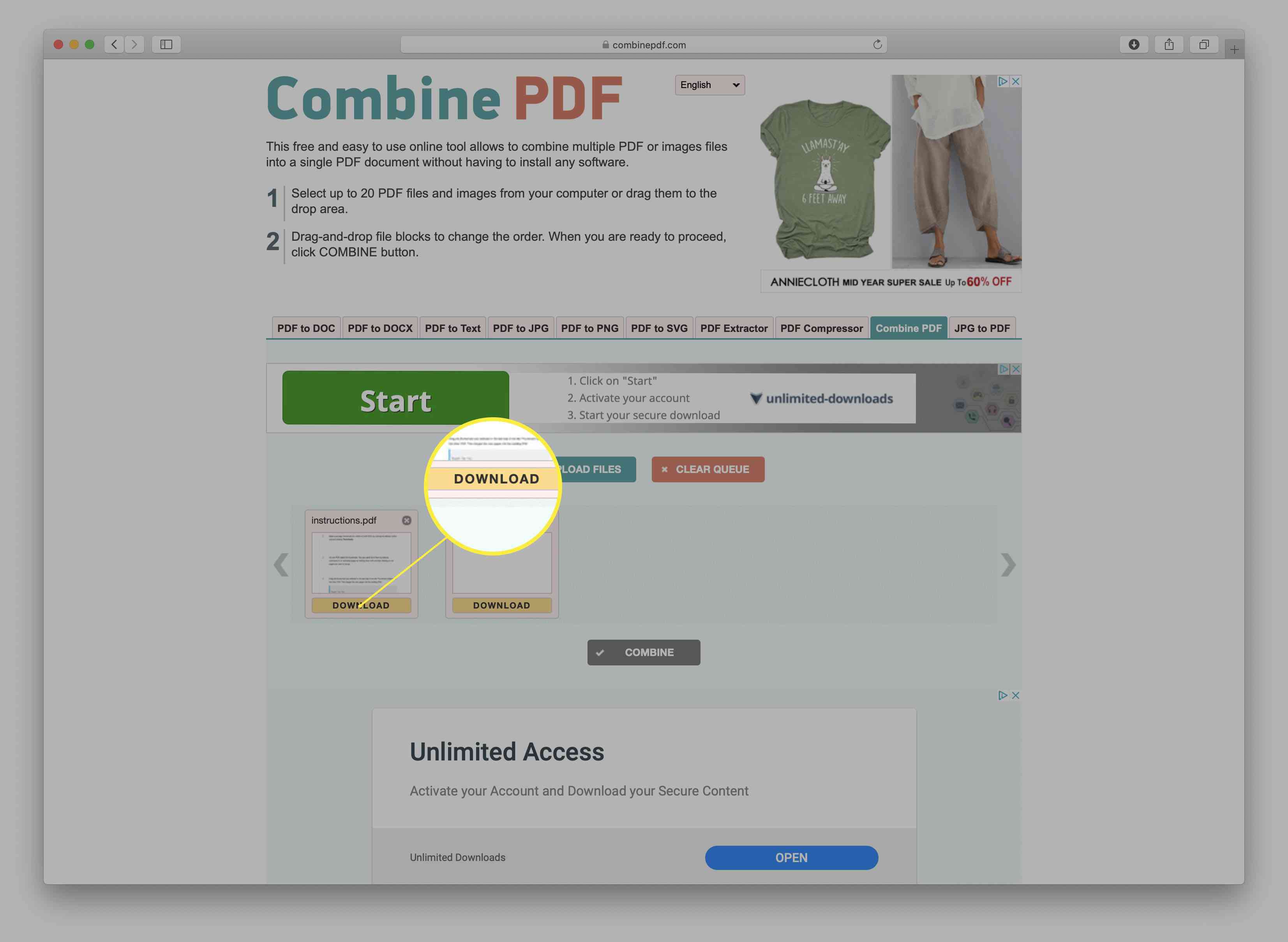 Uma captura de tela dos PDFs mesclados está pronta para download no site CombinePDF.