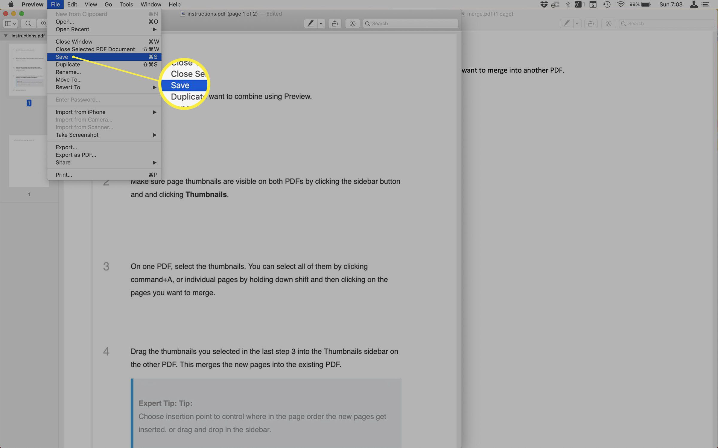 Captura de tela de como salvar um PDF mesclado na Visualização.