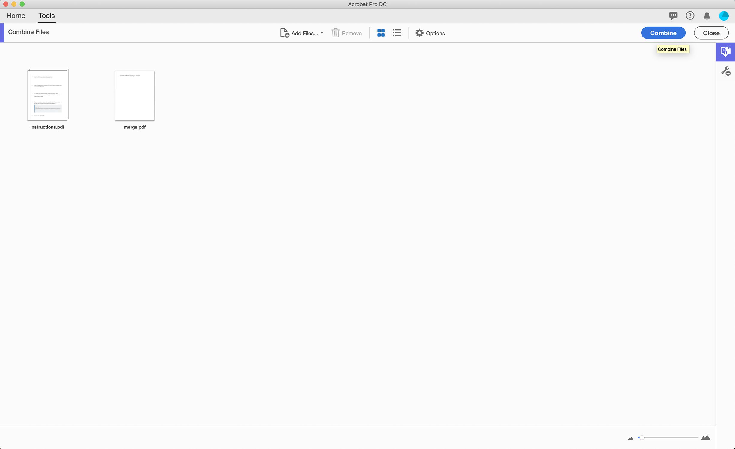 Captura de tela da combinação de PDFs no Adobe Acrobat