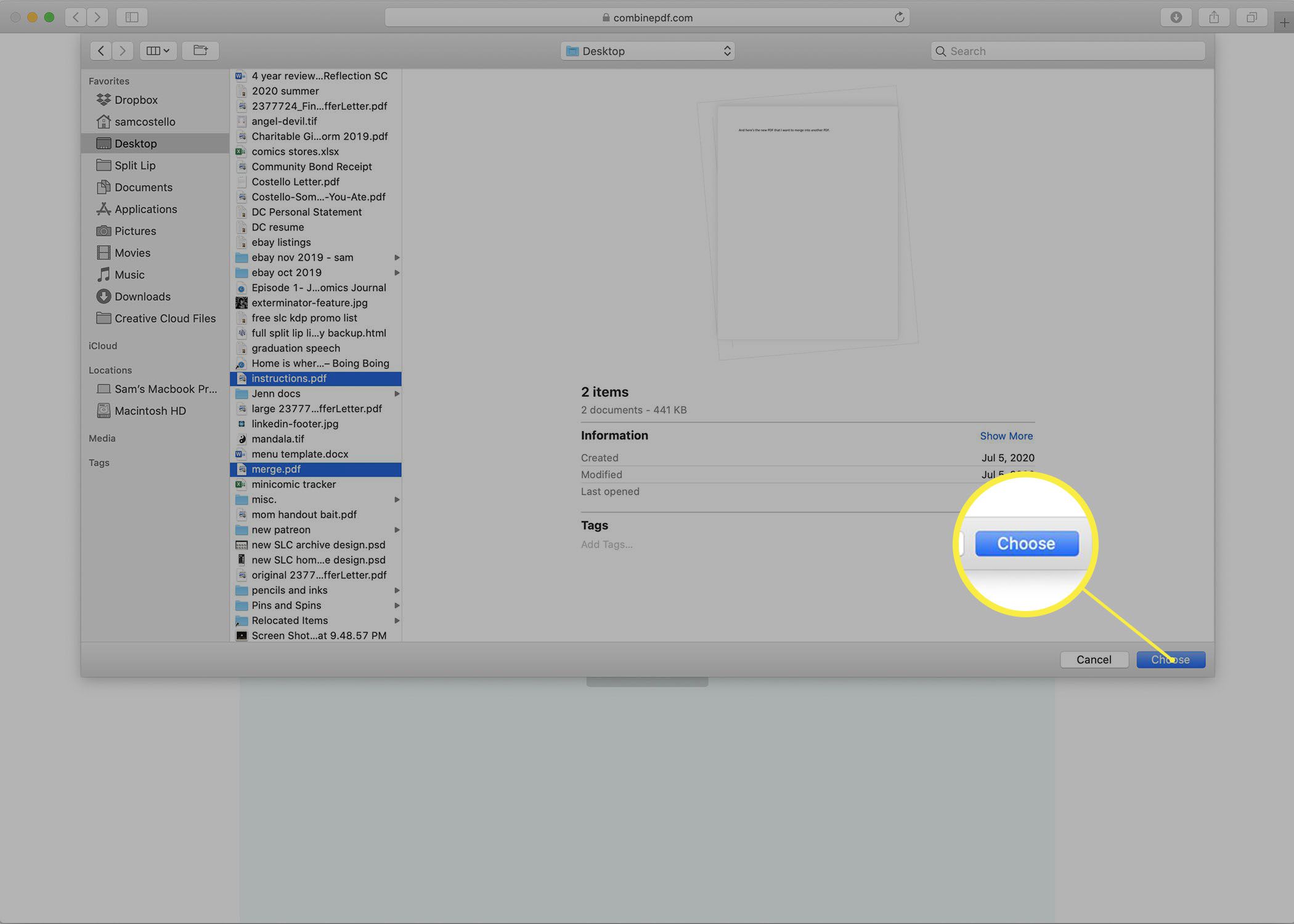 Adicionando arquivos de um Mac ao site Combine PDF.
