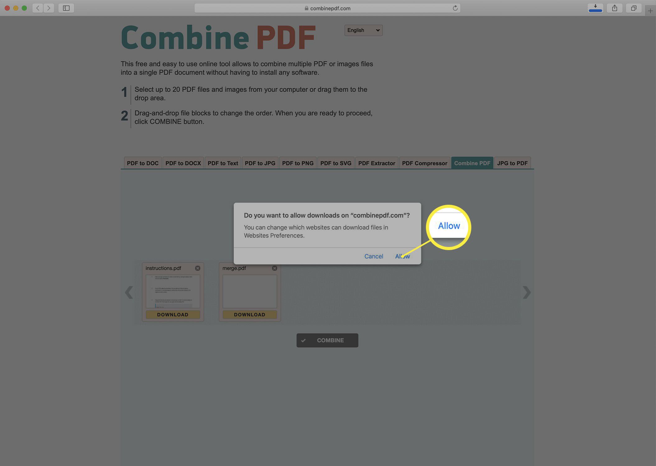 Captura de tela baixando um PDF mesclado do site Combine PDF.
