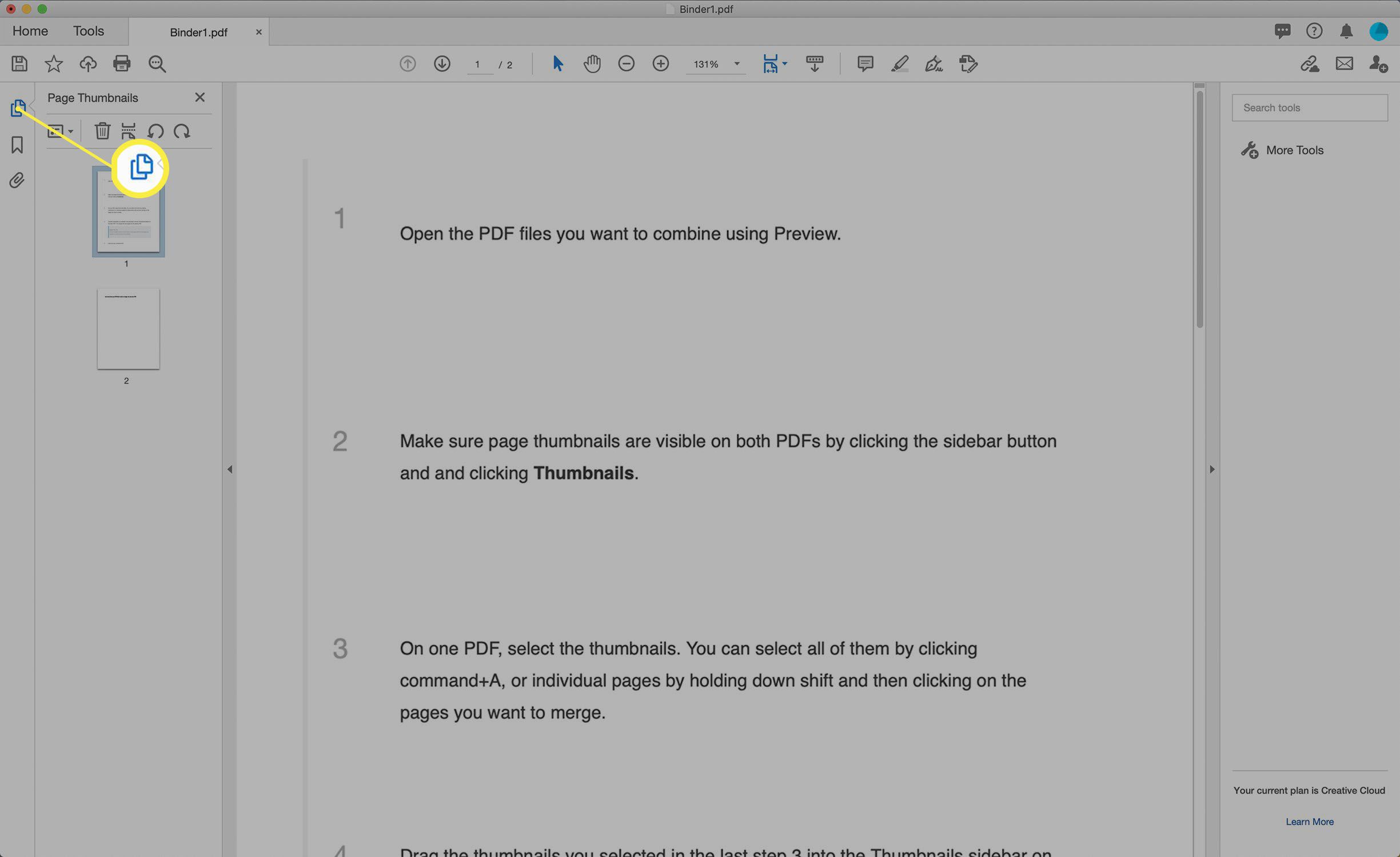 Captura de tela da visualização das miniaturas da página de um PDF no Adobe Acrobat.