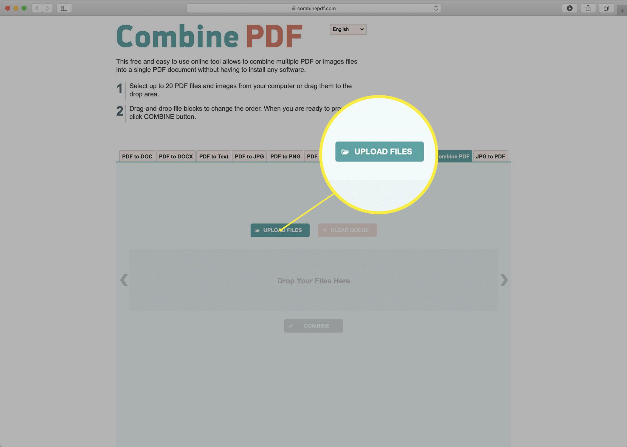 Captura de tela do site Combine PDF.