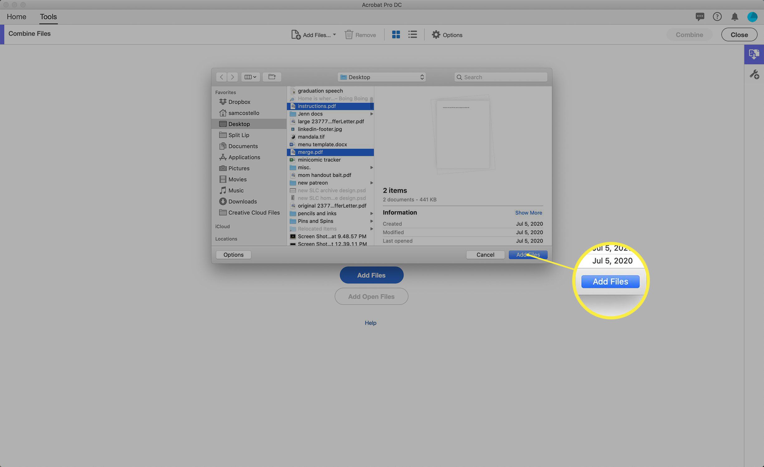 Captura de tela da combinação de PDFs no Adobe Acrobat.
