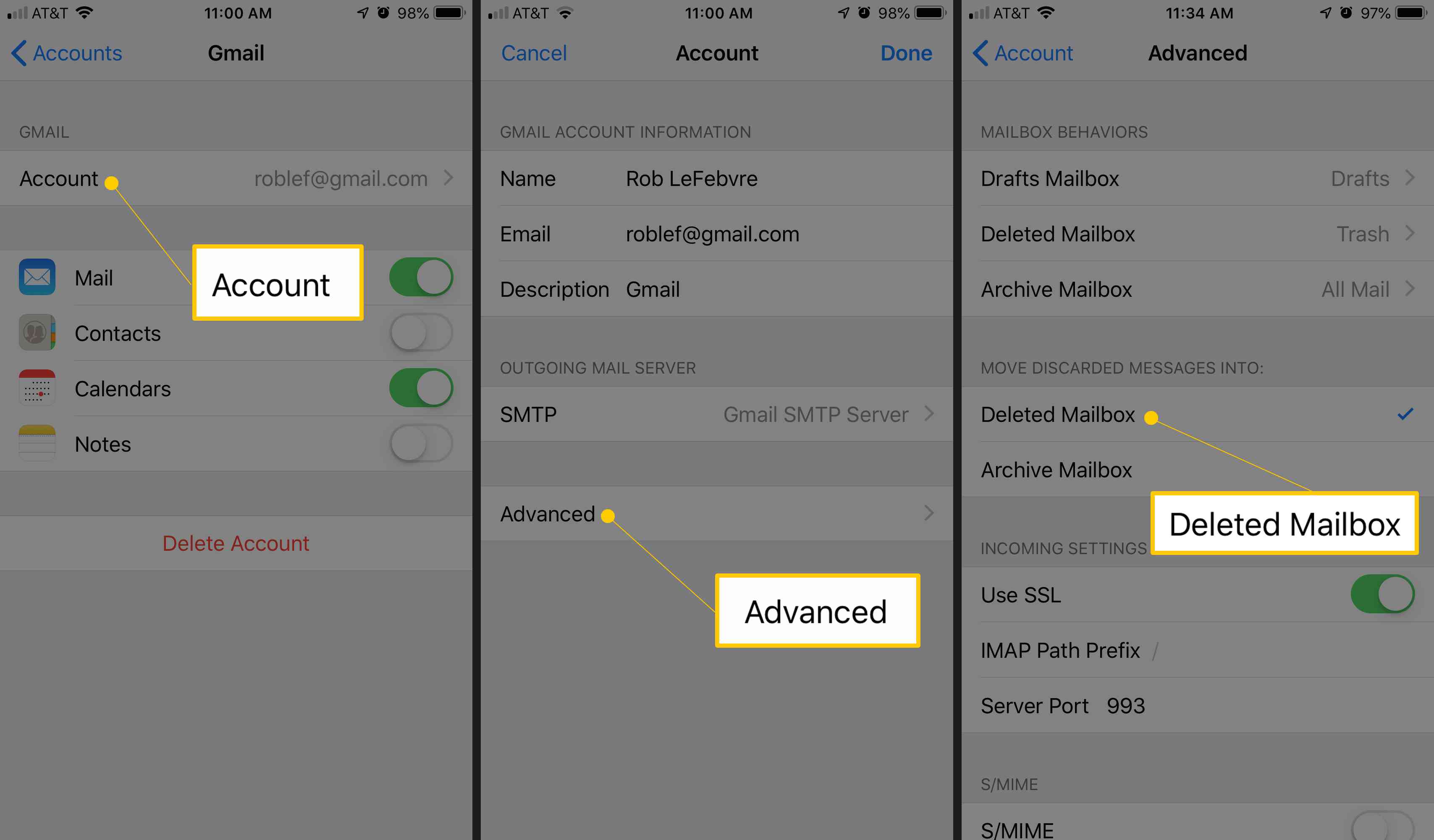 Três telas do iOS mostrando os botões Conta, Avançado e Caixa de correio excluída