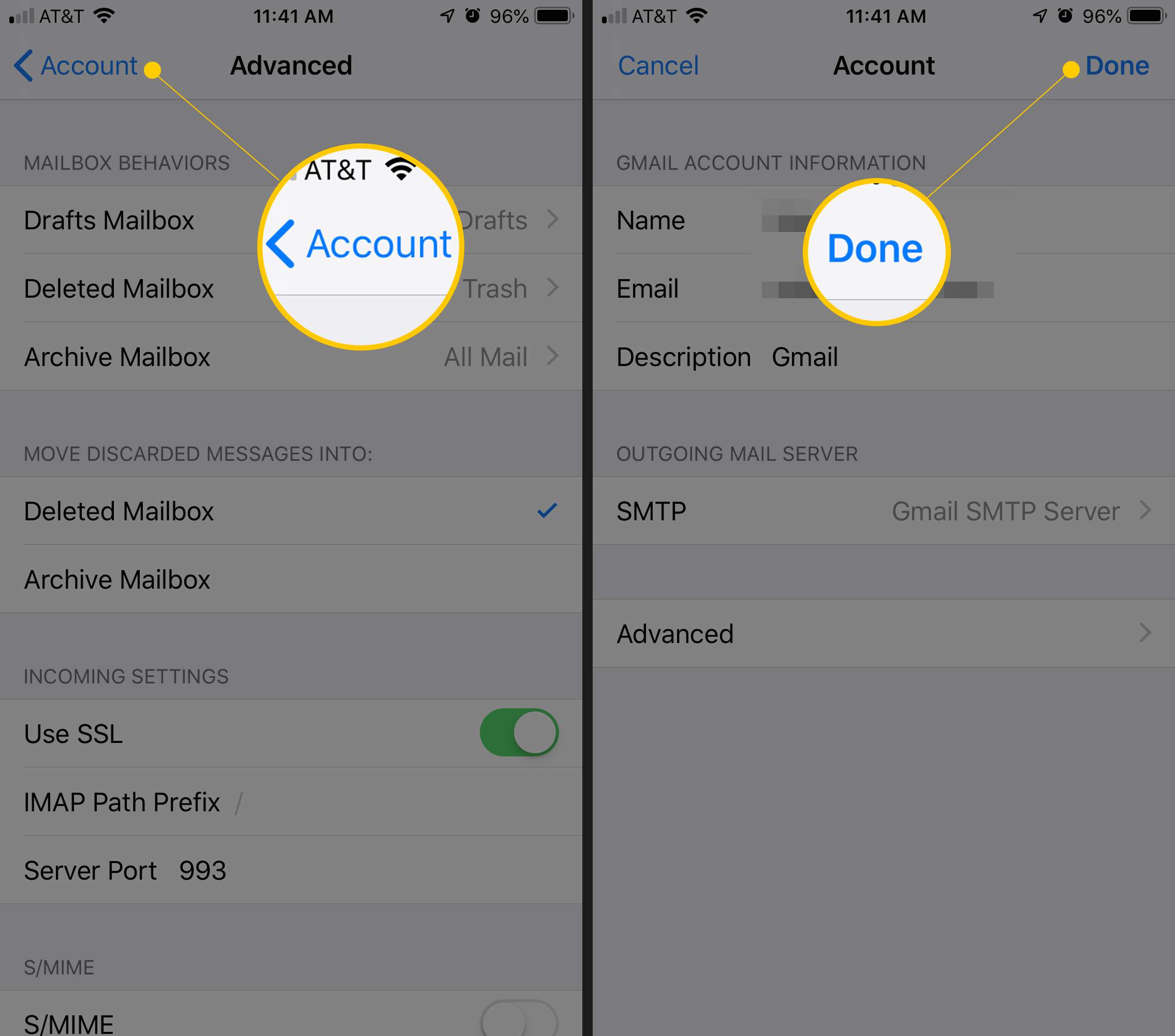 Duas telas do iOS exibindo os botões Conta e Concluído