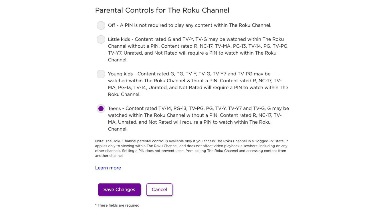 Em Controles dos pais para o canal Roku, selecione Crianças, Crianças pequenas ou Adolescentes para solicitar um PIN para o conteúdo descrito.