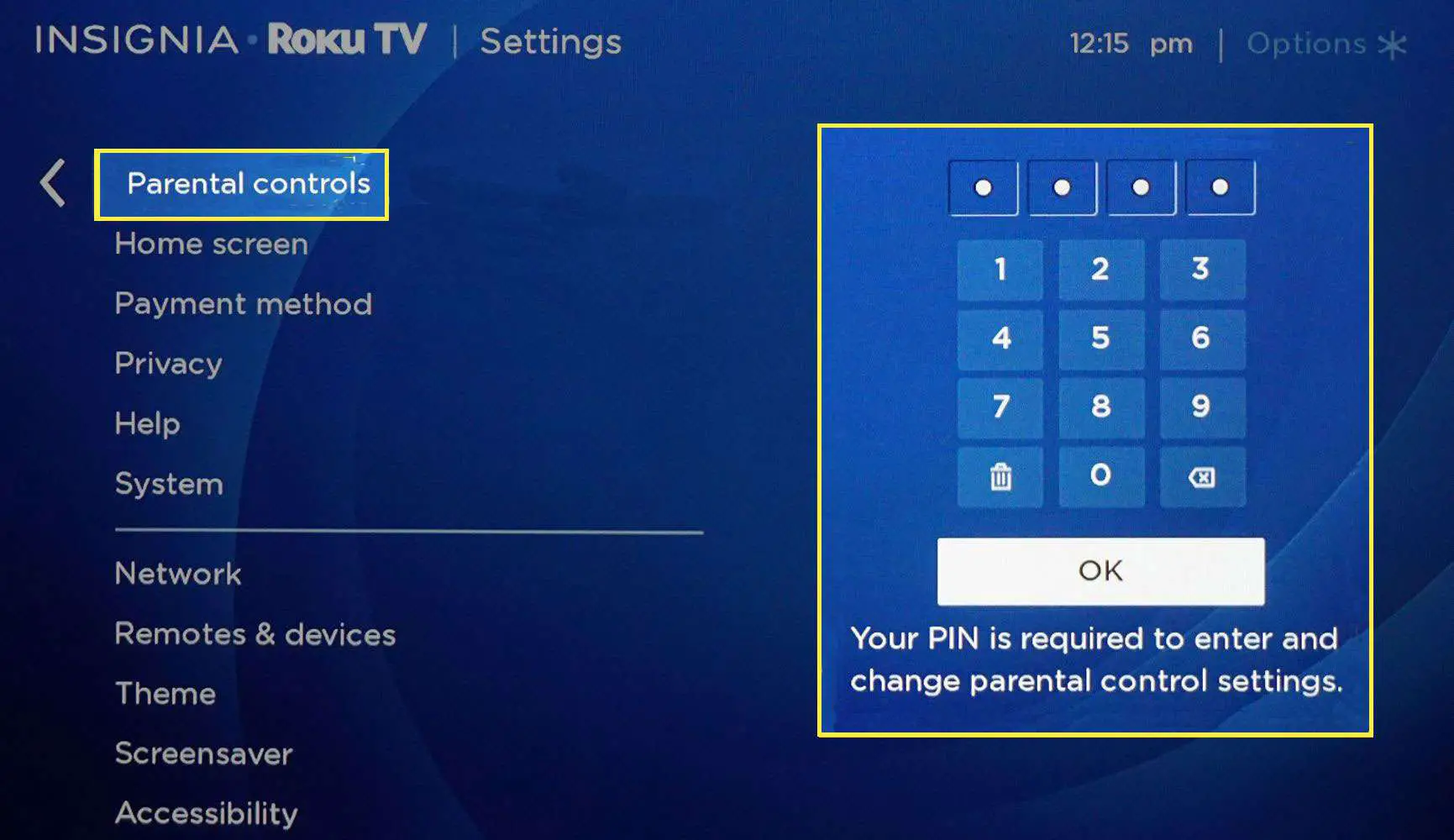 O teclado PIN em uma TV Roku