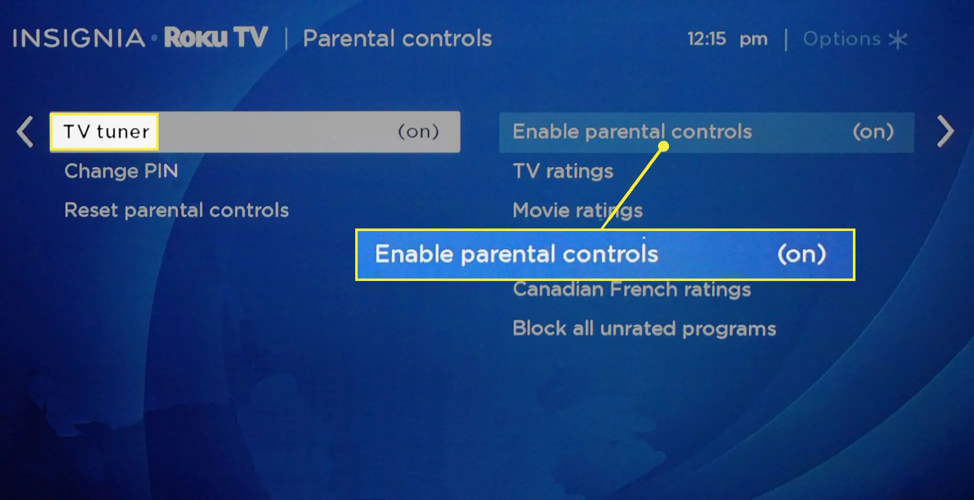 O comando "Ativar controles dos pais" em Sintonizador de TV em uma TV Roku