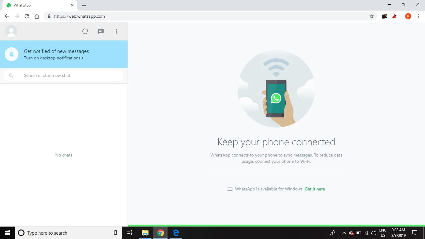 O cliente da web WhatsApp em execução no Chrome no Windows