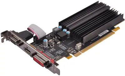 Foto de uma placa de vídeo PCI-Express de baixo perfil XFX AMD Radeon HD 5450 1 GB GDDR3 VGA / DVI / HDMI (ONXFX1PLS2)