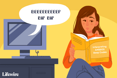 Ilustração de uma pessoa lendo "Interpretando códigos de bipe do AMIBIOS" enquanto seu computador emite um bipe para eles