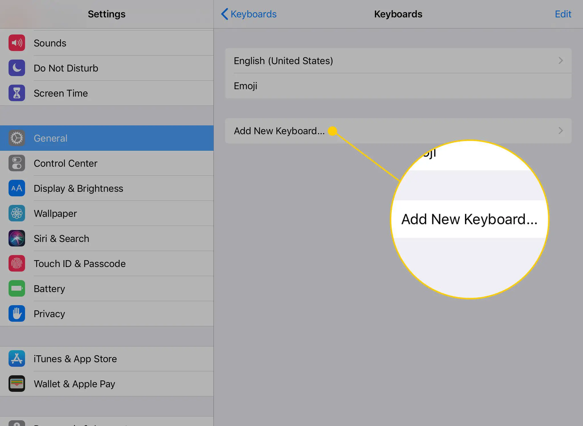 Configurações de teclado em um iPad com Adicionar novo teclado destacado