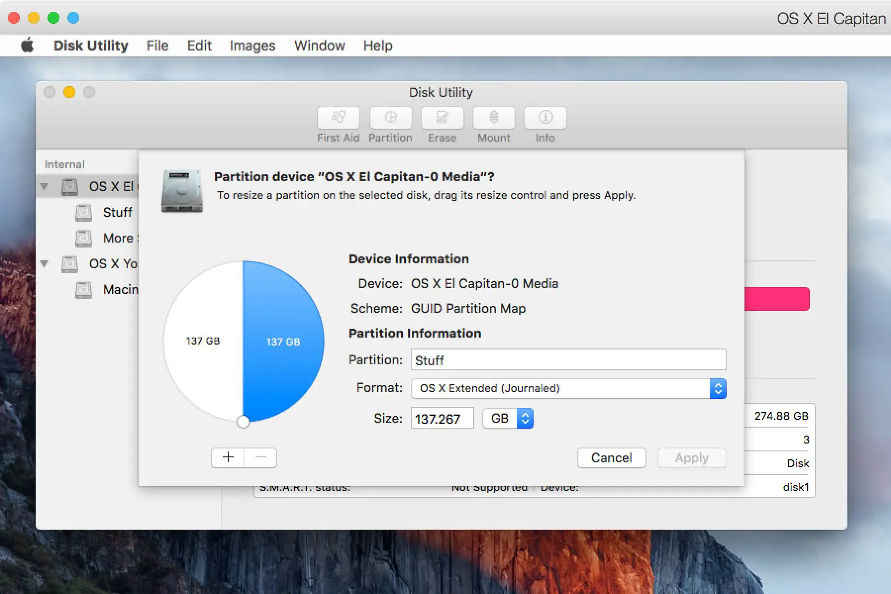 Utilitário de disco de particionamento OS X El Capitan
