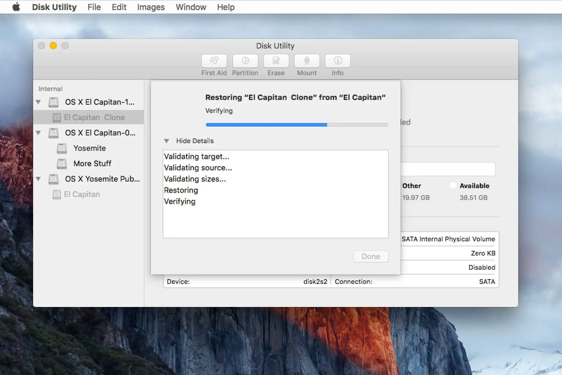 Detalhes do processo de restauração do utilitário de disco no OS X El Capitan
