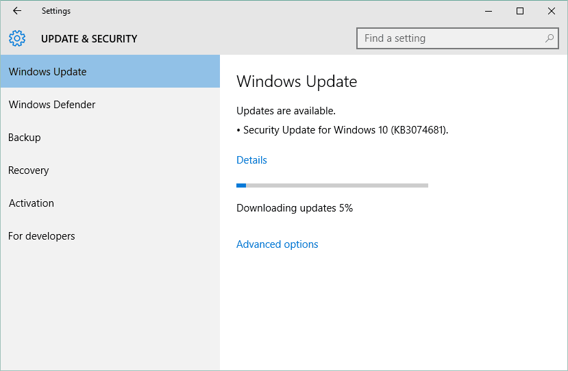 Captura de tela do Windows Update baixando uma atualização de segurança no Windows 10