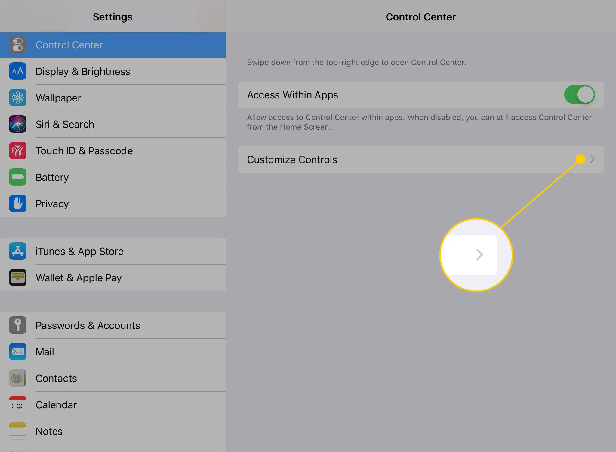 Configurações do iPad Control Center com o título Personalizar controles destacado