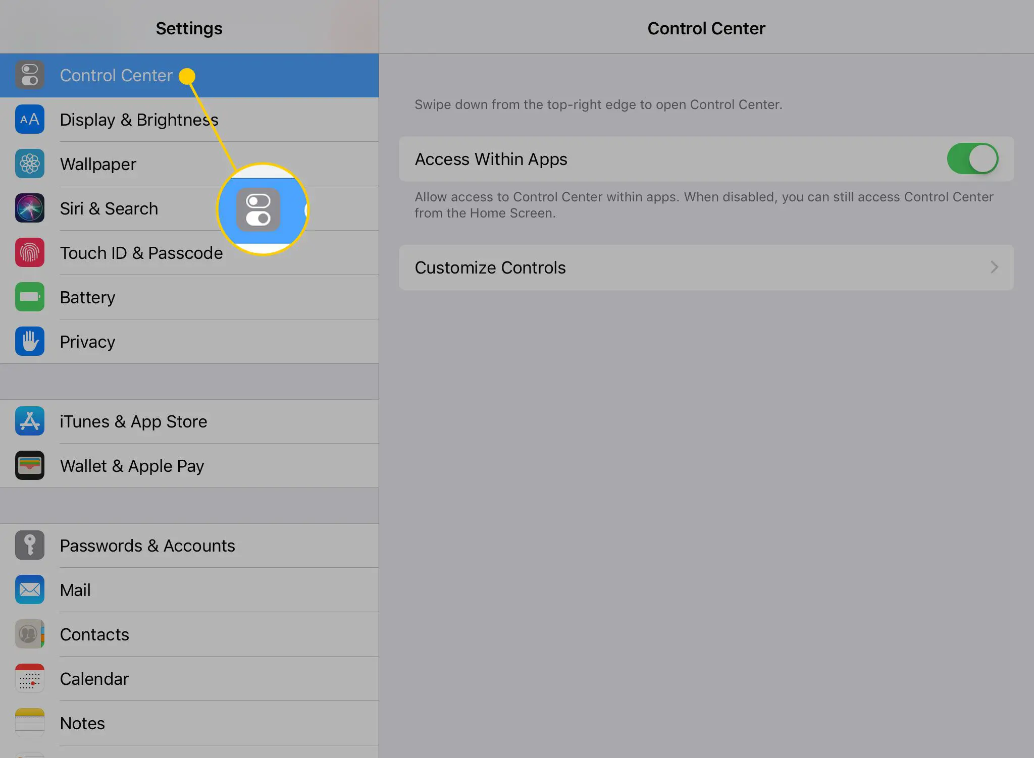 Configurações do iPad com o título do Centro de Controle destacado