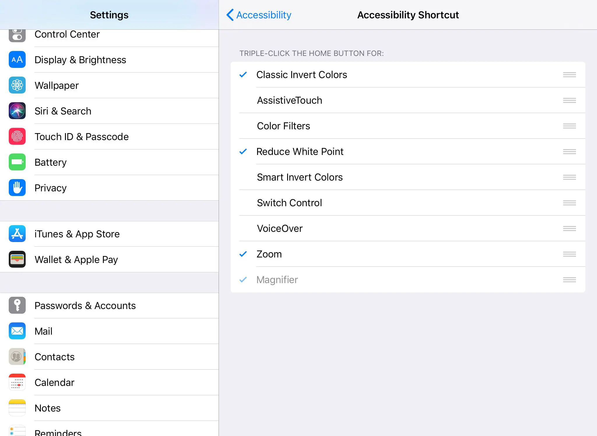 As opções de atalho de acessibilidade em um iPad