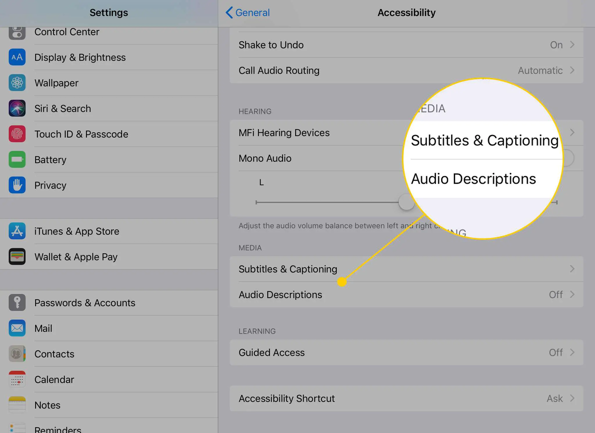 Opções de acessibilidade no iPad com os títulos Legendas e Legendas e Descrições de Áudio destacados