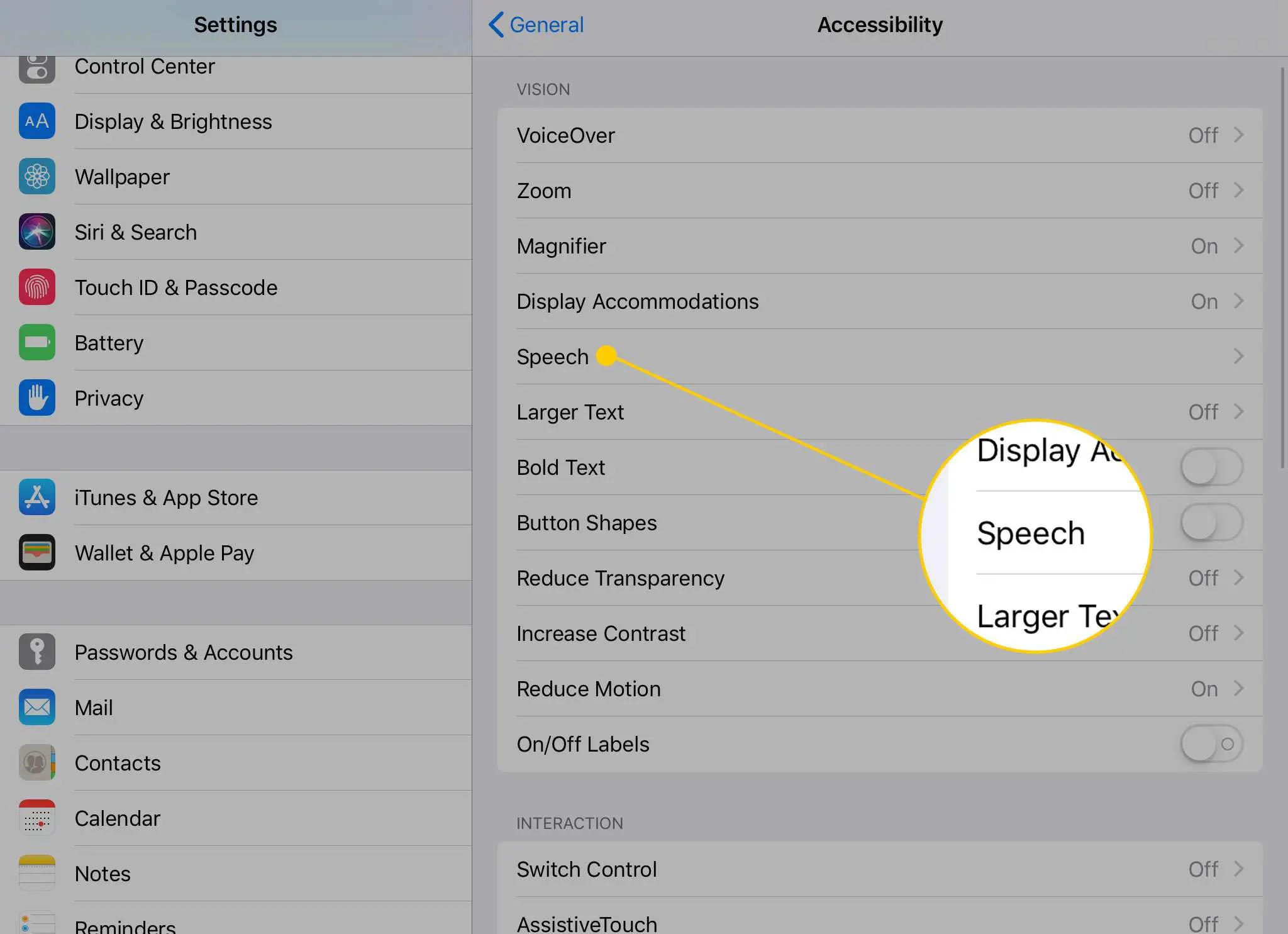 Opções de acessibilidade do iPad com o item Fala destacado