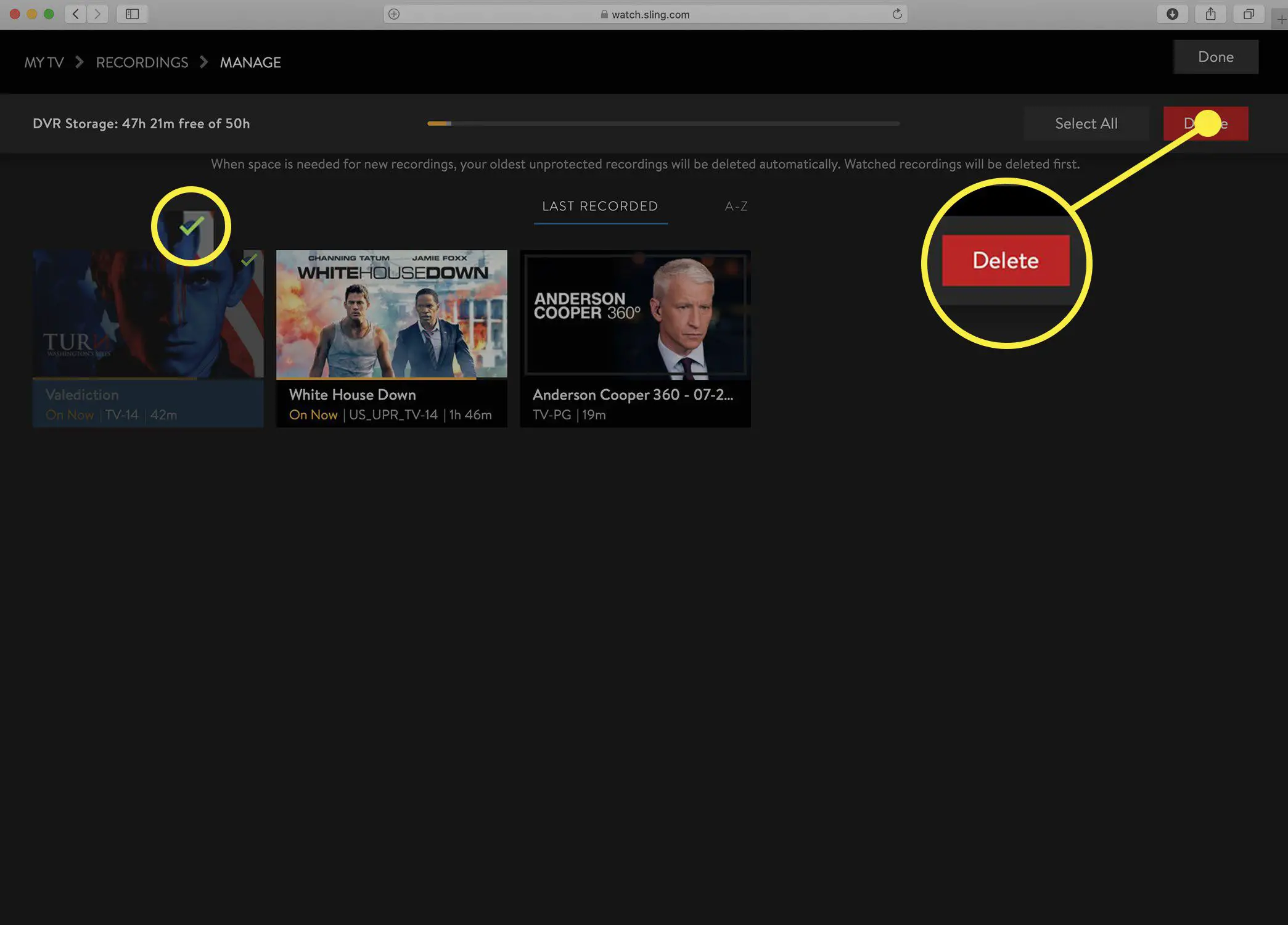 Captura de tela da tela do Sling TV Gerenciar DVR com itens marcados para exclusão.