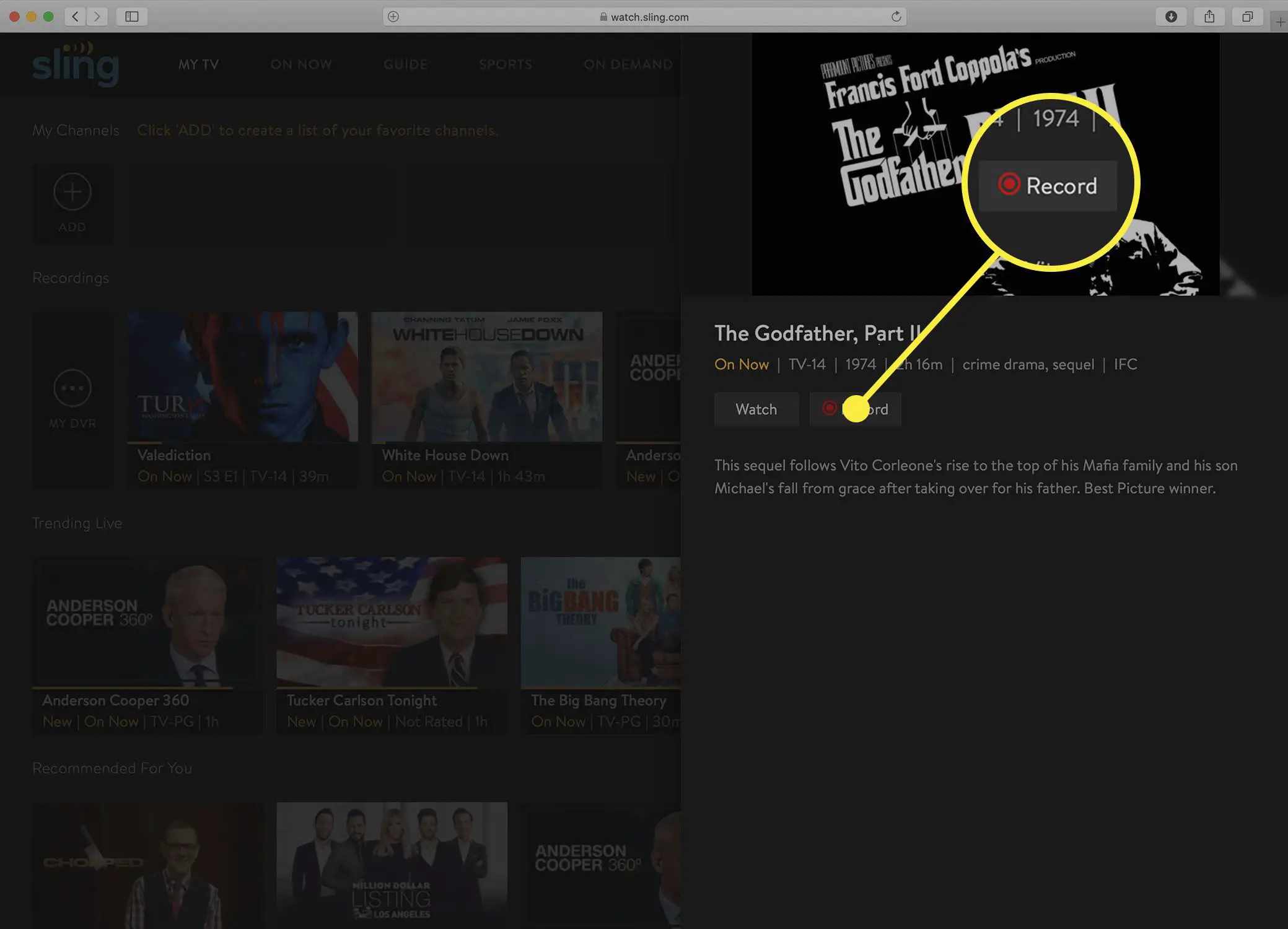 Captura de tela da tela de informações do programa de TV do Sling após a interrupção de uma gravação de DVR