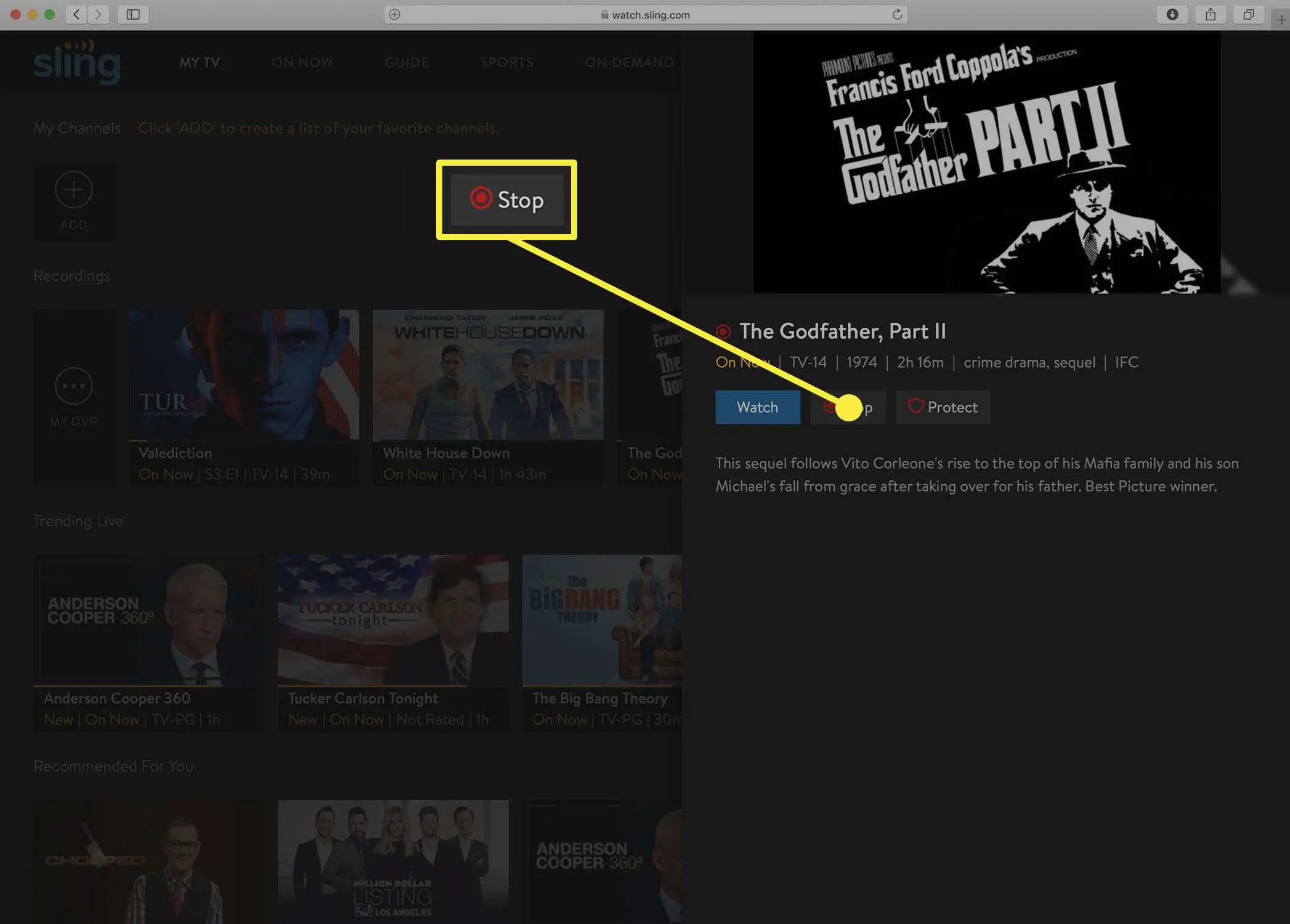Captura de tela do botão Sling TV para interromper uma gravação de DVR.