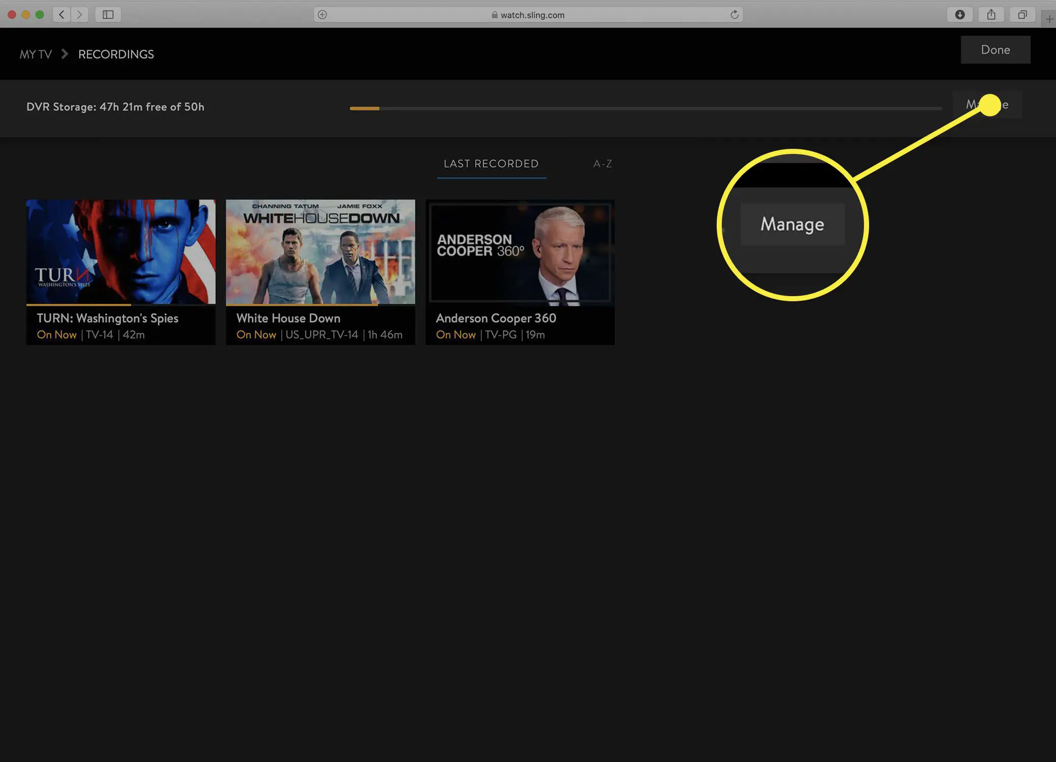 Captura de tela da tela do Sling TV Gerenciar DVR.