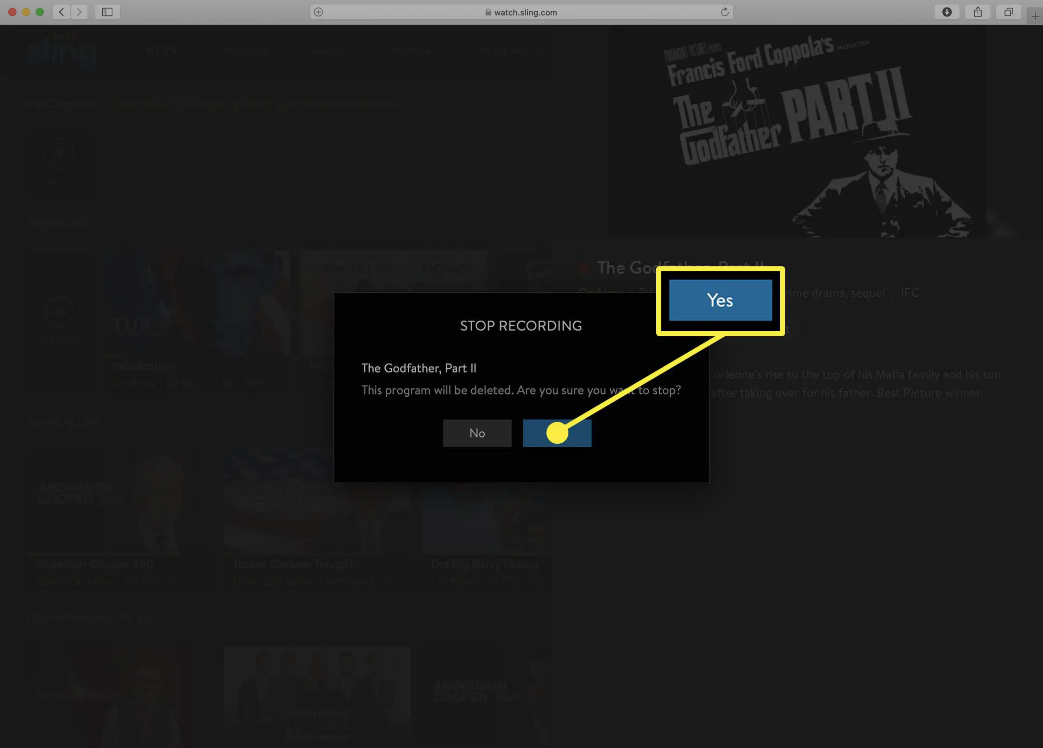 Captura de tela da mensagem de confirmação da Sling TV ao interromper uma gravação de DVR.