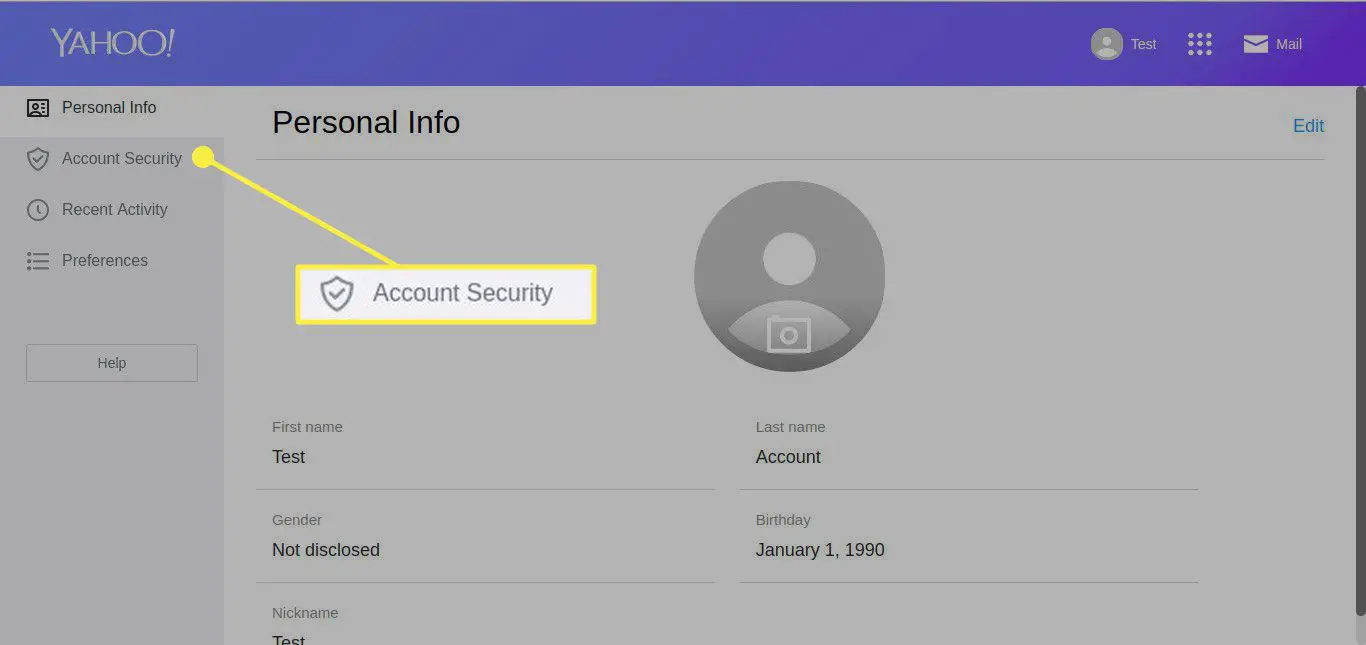 Uma captura de tela das configurações do Yahoo Mail com a seção Segurança da conta destacada